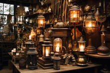 An Atmospheric Vintage Store With Vintage Lanterns, Antique Candlesticks, And Vintage Oil Lamps Generative AI