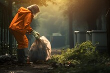 Woman Wearing Protective Gear Diligently Picking Up Trash In A Public Park, Exemplifying The Spirit Of Community Service And Environmental Responsibility