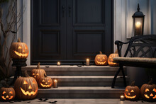 Carved Pumpkins, Bats, Spiders On Stairs And Bench Near Modern House With Black Door. AI Generated