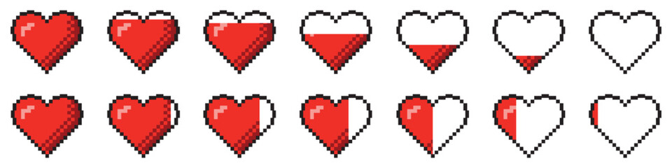 Set of pixel game life bar. Pixel heart icon, pixel hearts for game. Red hearts of life, game life symbol. Indicators of health, game progress bars.