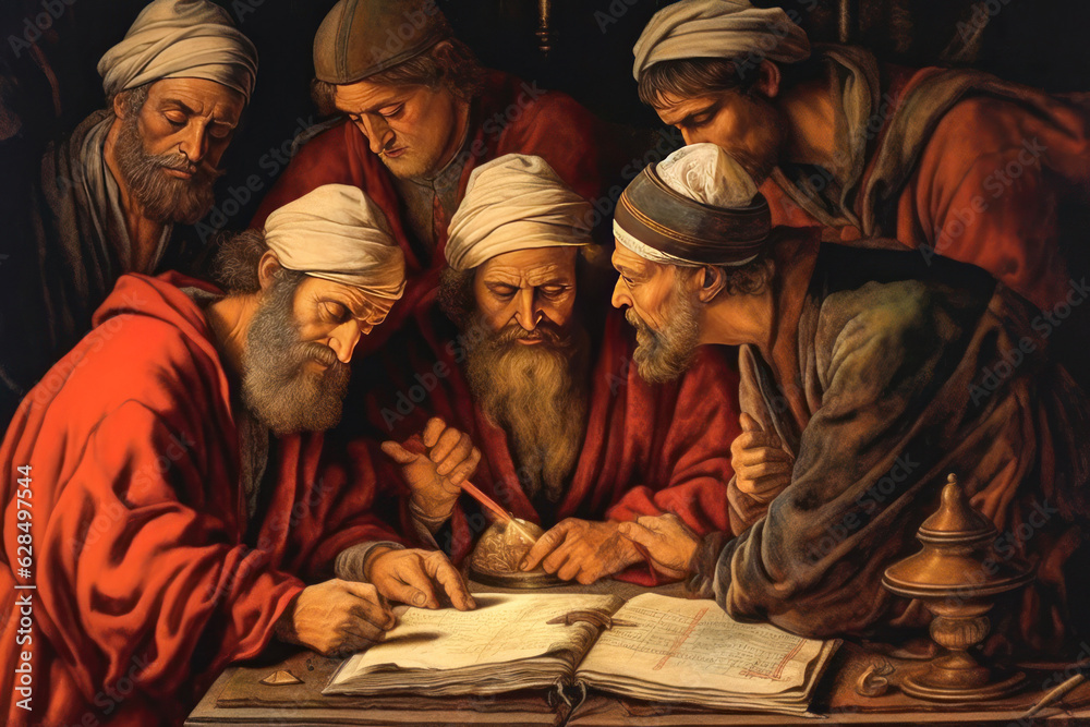 Old painting of scribes and rabbis copying the Holy Scriptures in ...