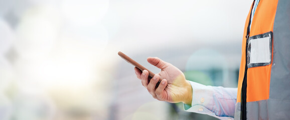 Poster - Phone, architecture and hands of person on construction site for engineering, space and communication. Building, social media and banner with closeup of contractor for contact, networking and mockup