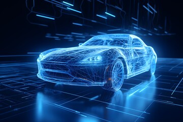 modern futuristic car wireframe concept with augmented reality wireframe intersection on blue backgr