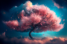 Beautiful Dreamy Cherry Blossom Tree From Heavenly Clouds. Abstract Surreal Concept Of Sakura Garden In The Sky.