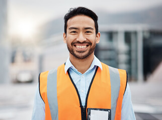 Poster - Happy asian man, technician and portrait in city for construction, installation or inspection on rooftop. Male person, engineer or contractor smile for architecture career, building or maintenance