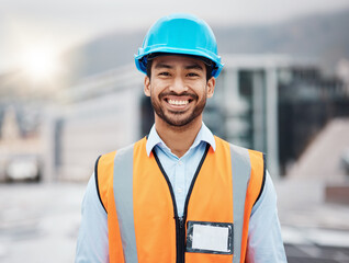 Aufkleber - Happy asian man, architect and portrait in city for construction, installation or inspection on rooftop. Male person, engineer or contractor smile for architecture career, building or maintenance