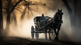 Fototapeta Londyn - a cab a horse drawn carriage in the night fog detective old europe
