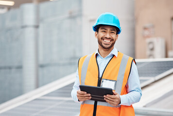Fototapete - Construction worker, tablet and portrait of man with research and digital data for solar panel installation. Happy, engineer and male contractor with eco and energy project with tech and online plan
