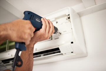 Poster - Maintenance, air conditioner and hands of man with drill working on ventilation filter or ac repair technician. Contractor, handyman or electric aircon machine expert problem solving with power tools