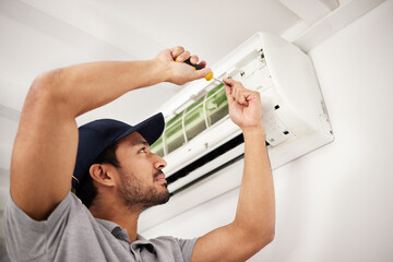 Poster - Air conditioner, man and electrical machine repair with person in a home with ac box. Maintenance, screwdriver and system control for installation, inspection of aircon fix in house with contractor