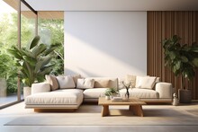 White Minimalist Living Room Interior With Sofa On A Wooden Floor, Decor On A Large Wall, White Landscape In Window. Home Nordic Interior | Scandinavian Interior Poster Mock Up,Generative AI.