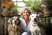 A Happy Mature Woman Surrounded By Her Beloved Pets, Finding Companionship And Joy Generative AI