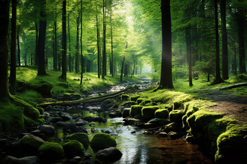 Wall Mural - Morning in green woods, forest panorama