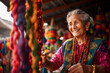 © Denis Yevtekhov - A vibrant mature woman strolling through a colorful local market, discovering unique handmade crafts Generative AI