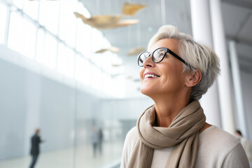 A beaming mature woman visiting an art museum, admiring the creativity and expression in the exhibits Generative AI