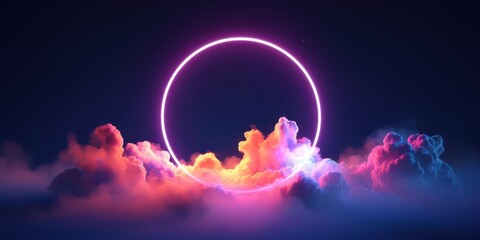 3d render, abstract cloud illuminated with neon light ring on dark night sky. glowing geometric shap