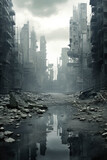 Fototapeta Nowy Jork - Dramatic view of destroyed building in city with debris and collapsing, Ghost city, Generative AI