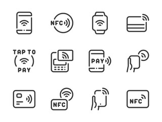 Wall Mural - NFC and Contactless Payment vector line icons. Credit Card and Cashless Purchase outline icon set. Wireless Payment, Tap to Pay, Pos Terminal, Send Money and more.