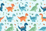 Fototapeta Dinusie - Cute seamless pattern of lots of cartoon doodle dinosaurs. Pastel delicate light colors, repeat dino animals texture, baby pattern.