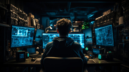 Back view of programmer in a dark office, cyber security concept.