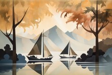 Two Sailing Ships In Lake Or Sea. Mountains And Trees On Background. Generative AI