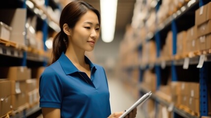 Aufkleber - Asian woman employee are working at store warehouse, Logistic import export concept.