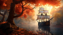 An Ancient Large Sailing Ship In The Landscape Of The Red Autumn Forest.
