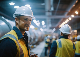Leinwandbilder - Two Industry Engineers working in pipe manufacturing heavy factory.