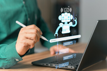 Poster - Chat with Ai. Adult man chatting with a smart AI or artificial intelligence using an artificial intelligence chatbot developed. Futuristic technology transformation. Chatbot, Artificial intelligence.