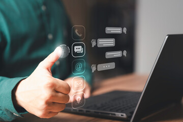 Poster - Customer use a computer laptop with virtual screen for user, apps phones, email, addresses, and chat icons. Customer service support hotline contacts us with the people connection technology concept.