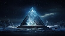 Blue Pyramid In A Snowfall At Night Generative Ai