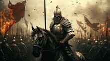 Knight In Armor Riding A Horse On The Battlefield, Fantasy Medieval Battle.