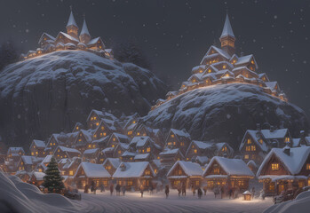 Wall Mural - winter landscape in the mountains with a small village at night in the snow - digital painting