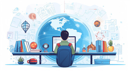 Fototapete - student at the table view from the back learning global drawing picture graphics