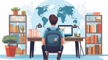 Fototapete - student at the table view from the back learning global drawing picture graphics