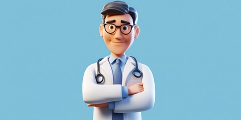 3d render, cartoon character smart confident trustworthy doctor wears glasses and looks at camera. Proud professional caucasian male specialist. Medical clip art isolated on blue background