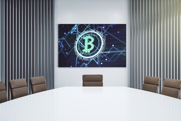 Poster - Creative Bitcoin concept on presentation screen in a modern conference room. 3D Rendering