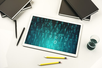 Aufkleber - Creative abstract binary code hologram on modern digital tablet display, AI and machine learning concept. Top view. 3D Rendering