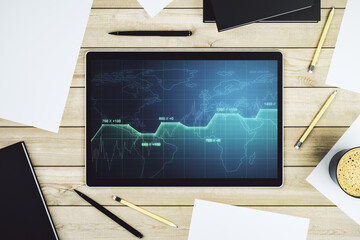Poster - Modern digital tablet monitor with abstract creative statistics data hologram, statistics and analytics concept. Top view. 3D Rendering