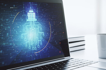 Poster - Creative light bulb illustration with microcircuit on modern computer monitor, future technology concept. 3D Rendering