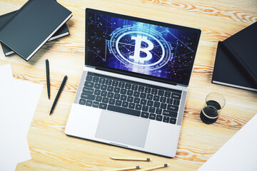 Poster - Creative Bitcoin concept on modern laptop screen. 3D Rendering