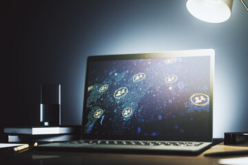 Poster - Modern computer monitor with social network icons concept with world map. Marketing and promotion concept. 3D Rendering