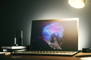 Poster - Modern computer display with abstract graphic world map, big data and networking concept. 3D Rendering