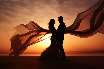 Wall Mural - Silhouette man and woman in love. silk dress, background nature beach