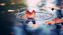 Yellow Leaf In The Shape Of A Heart Froze Falls Into The Water In A Puddle Circles The Concept Of Love Autumn Seasonal.