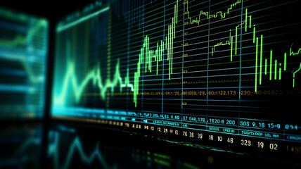 stock exchange charts of stock growth on the blue monitor screen.