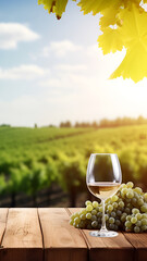 Empty wooden table top with glass of white wine on vineyard background with copy space. The concept of agricultural cultivation of grapes and wine production. wine festival