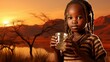 Draught in Africa, little african child with ethnic hair style drinking fresh water, thirsty, lack of water problem