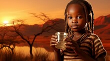 Draught In Africa, Little African Child With Ethnic Hair Style Drinking Fresh Water, Thirsty, Lack Of Water Problem