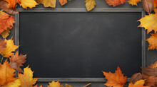 Background Frame School Chalkboard Black Framed With Yellow Autumn Leaves.